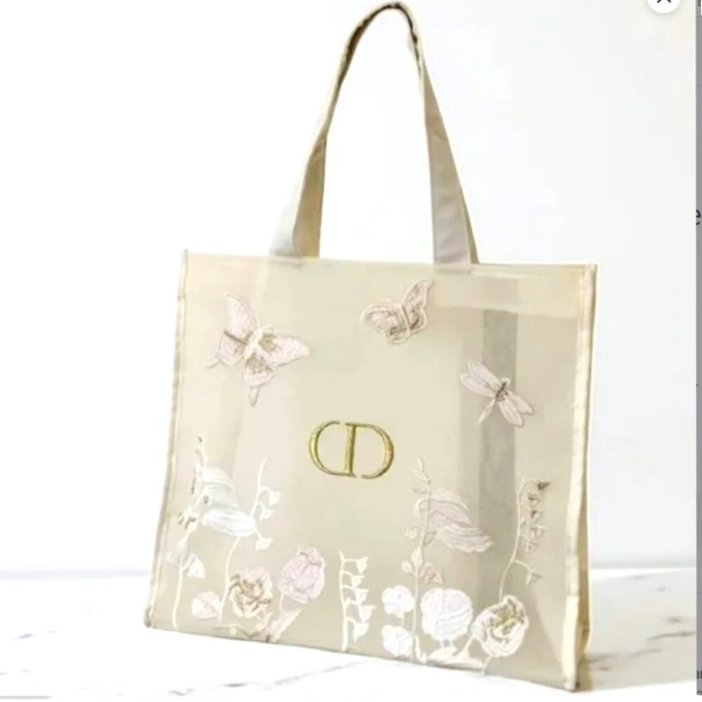 Dior Beige Mesh Tote with butterfly, dragonfly, floral Embroidered in sealed bag